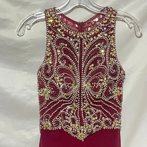 Burgundy Beaded Sequin Prom Dress - Picture 11 of 16